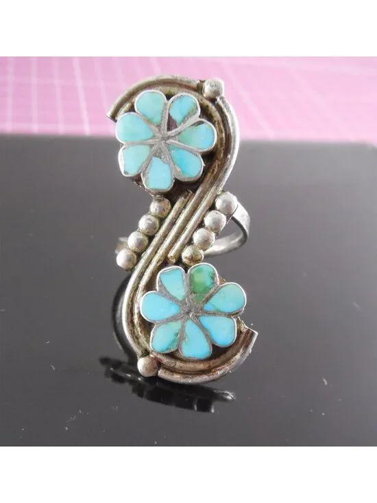 Vintage Zuni Virgil Dishta Sr. Sterling Silver Turquoise Flower Inlay Ring - Picture 4 of 4